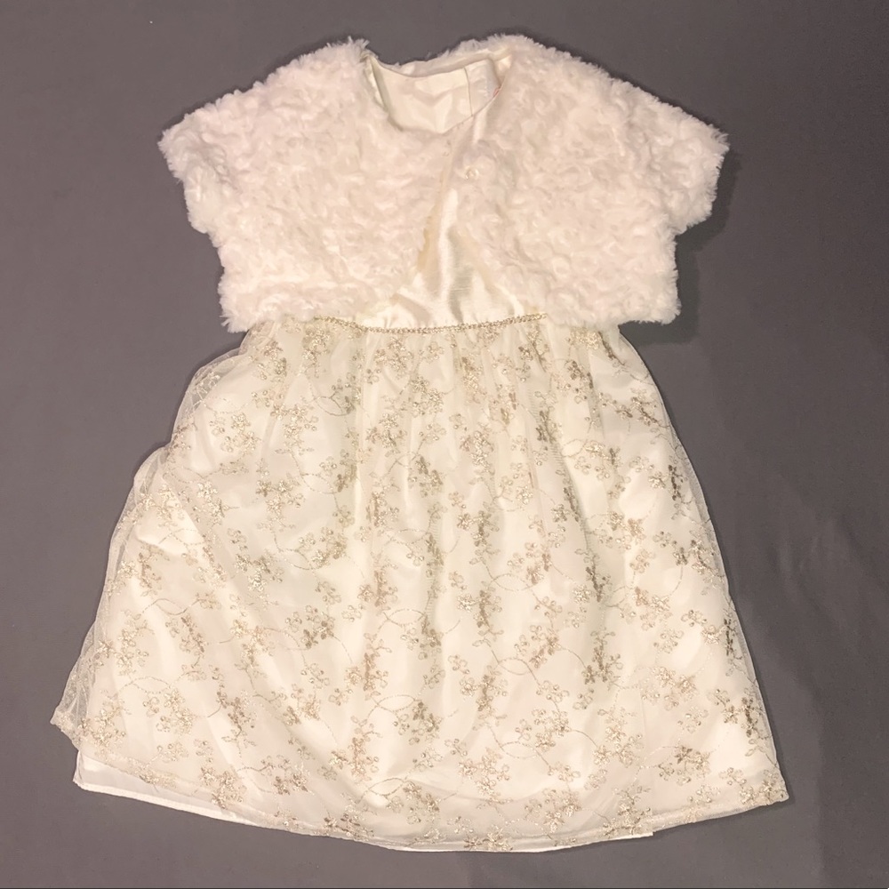 Cream Embroidered Dress & Faux Fur Cover
